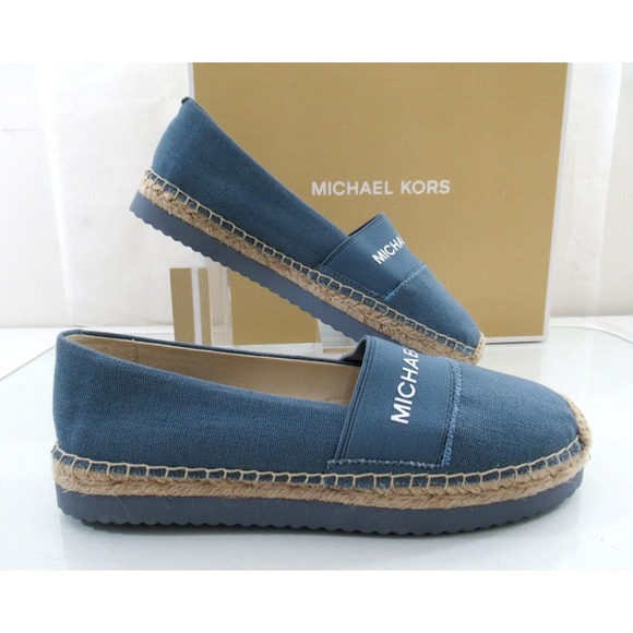 Michael Kors Vicky Espadrille Platform Flat Shoes Canvas MK Logo Denim - Picture 3 of 6